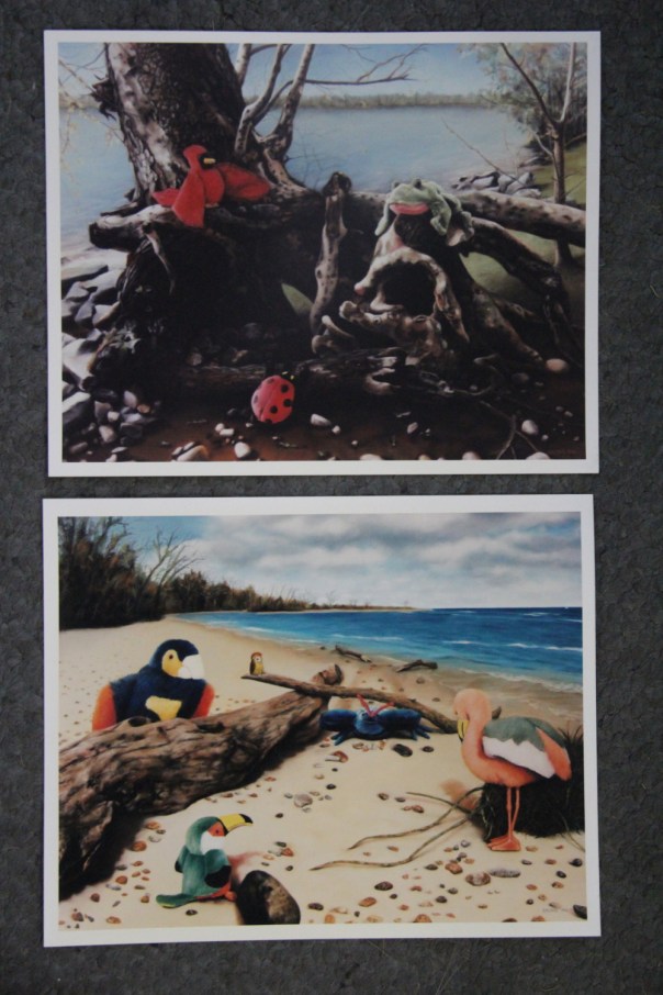 Reproductions of "Cardinal Rule" (top) and "Blue Ego," originals are soft pastel on sandpaper, 30" x 38"