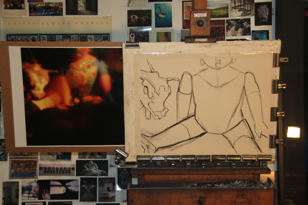 Initial charcoal sketch on sandpaper