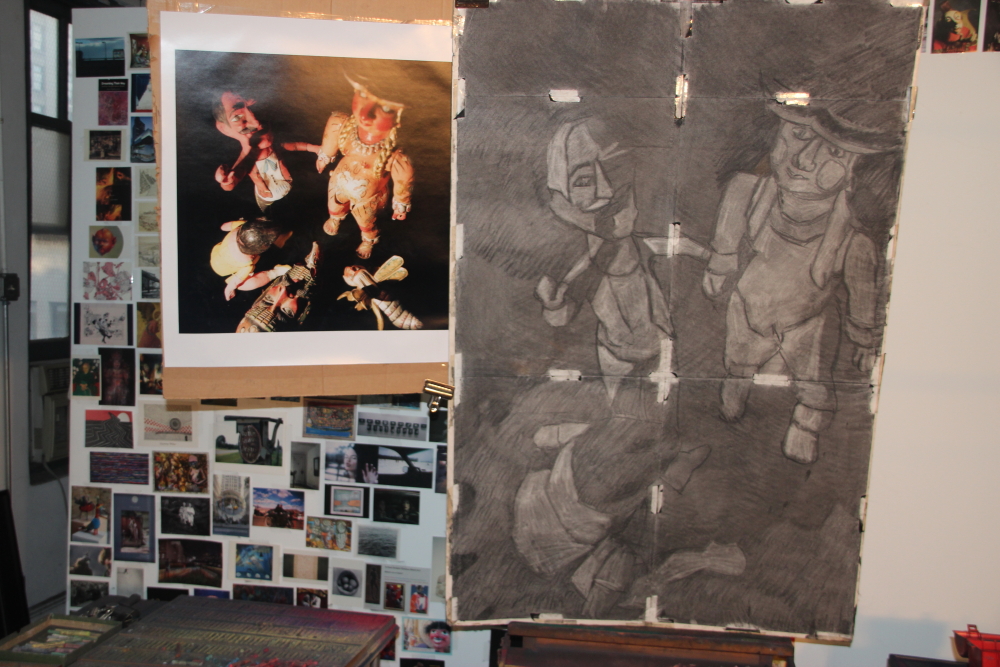 Preliminary charcoal sketch on white drawing paper. The white bits are masking tape used to tape several pieces of paper together to make a large sheet.