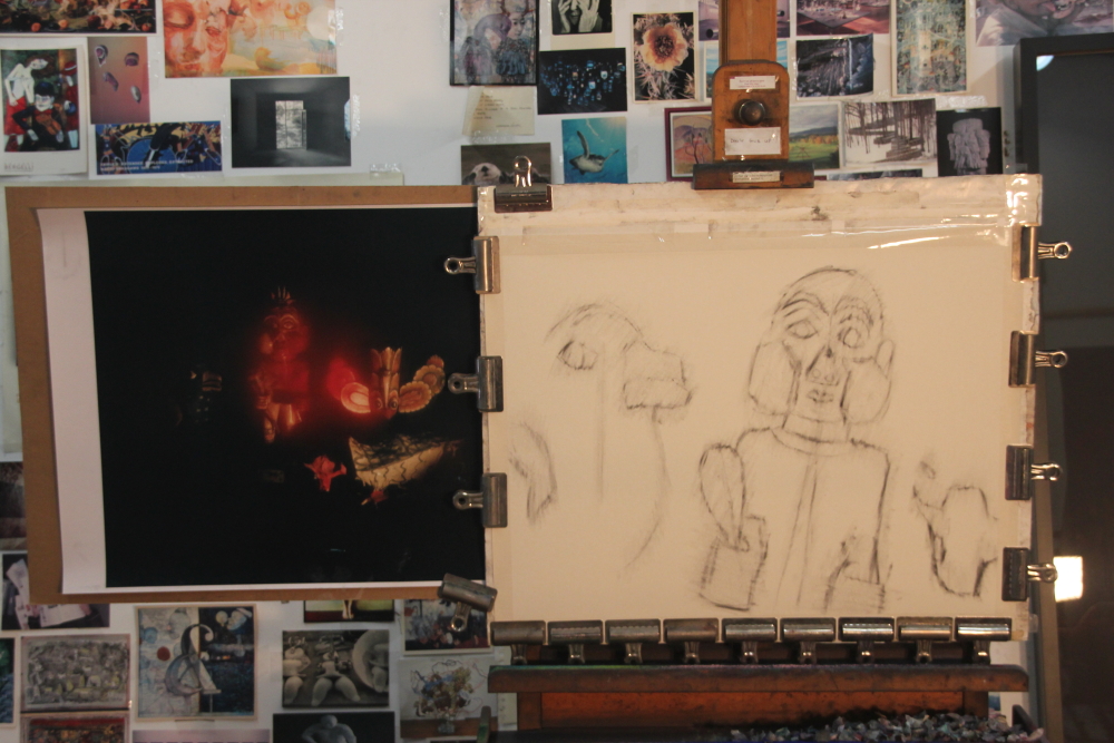 Erased charcoal underdrawing