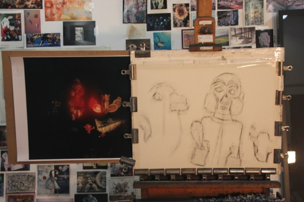 Erased charcoal underdrawing