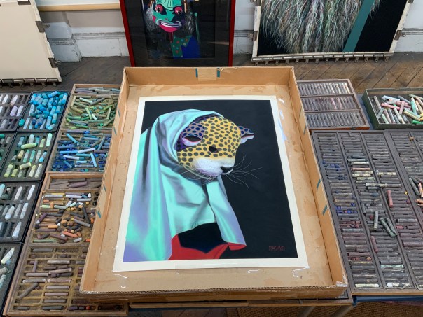 “Schemer,” Soft Pastel on Sandpaper, 26” x 20,” packed up for transport to the framer