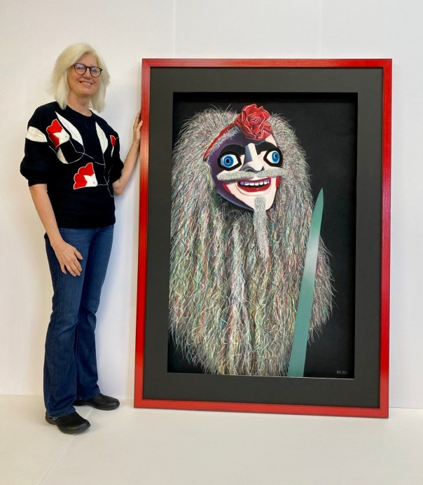 With “Avenger,” soft pastel on sandpaper, 58” x 38” image, 70” x 50” framed