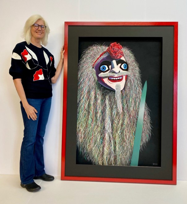 “Avenger,” soft pastel on sandpaper, 58” x 38” framed image, 70” x 50”