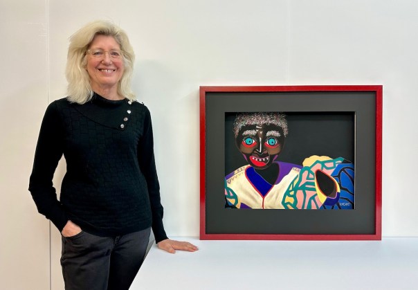 With “Narcissist,” soft pastel on sandpaper, 35” x 28.5” framed