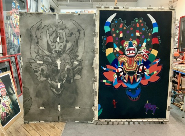 Preliminary charcoal drawing and “Magisterial,” soft pastel on sandpaper, 58” x 38 (in progress)